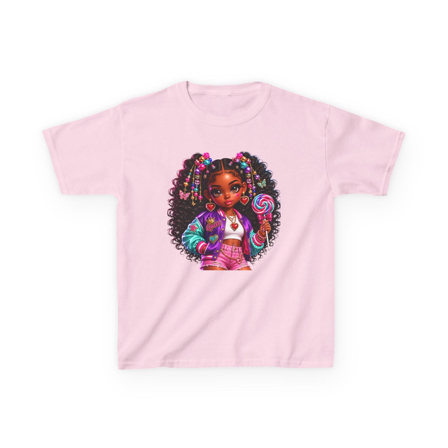 Girls' Candy Pop Graphic Tee — Cute Curly-Haired Doll with Lollipop