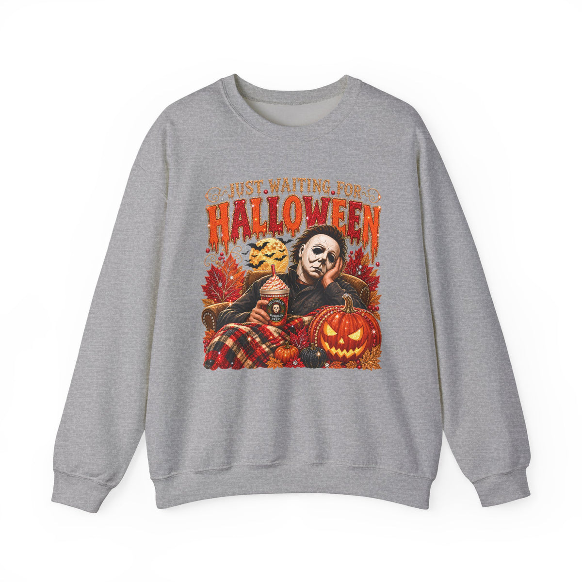 Halloween Crewneck Sweatshirt — "Just Waiting for Halloween" Horror Movie Pumpkin Design