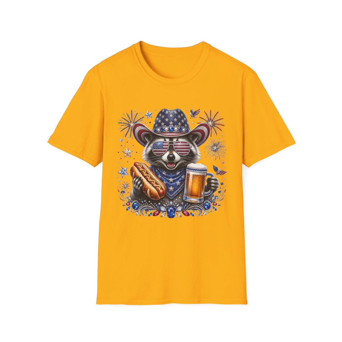 Raccoon Patriotic T-Shirt — USA Flag Hat & Sunglasses Fourth of July Tee