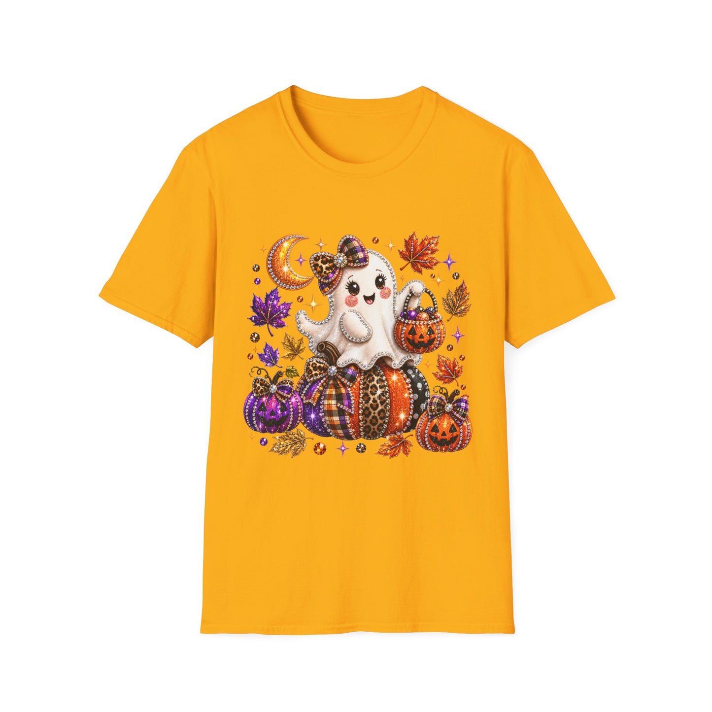Cute Halloween Ghost T-Shirt — Trick-or-Treat Pumpkin & Autumn Leaves Tee