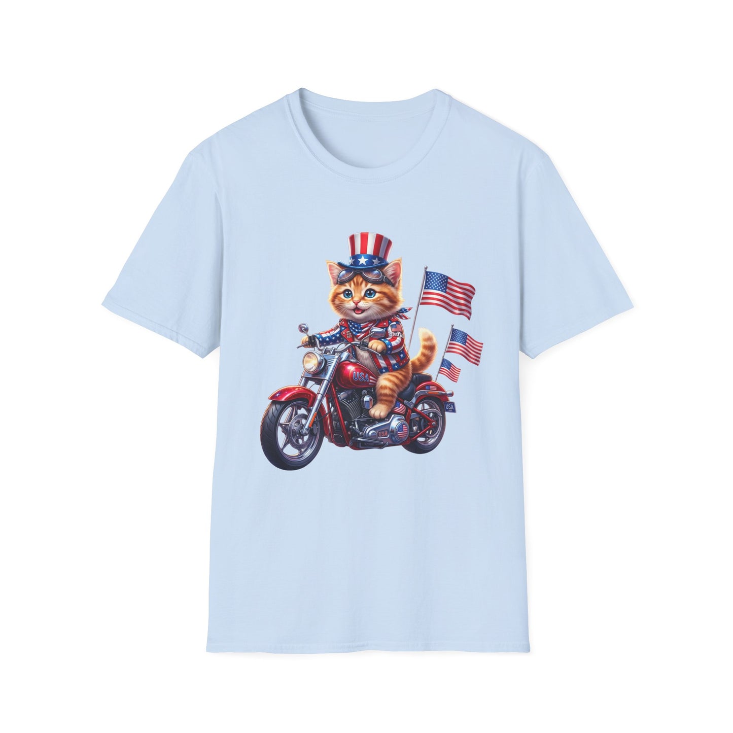 Patriotic Biker Cat T-Shirt — USA Flag Motorcycle Graphic Tee