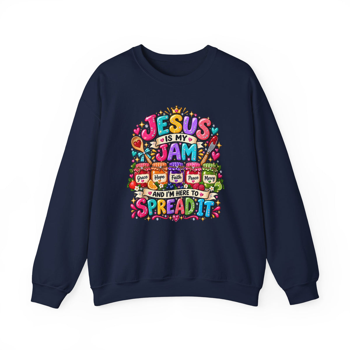 Crewneck Sweatshirt — "Jesus Is My Jam" Colorful Christian Graphic