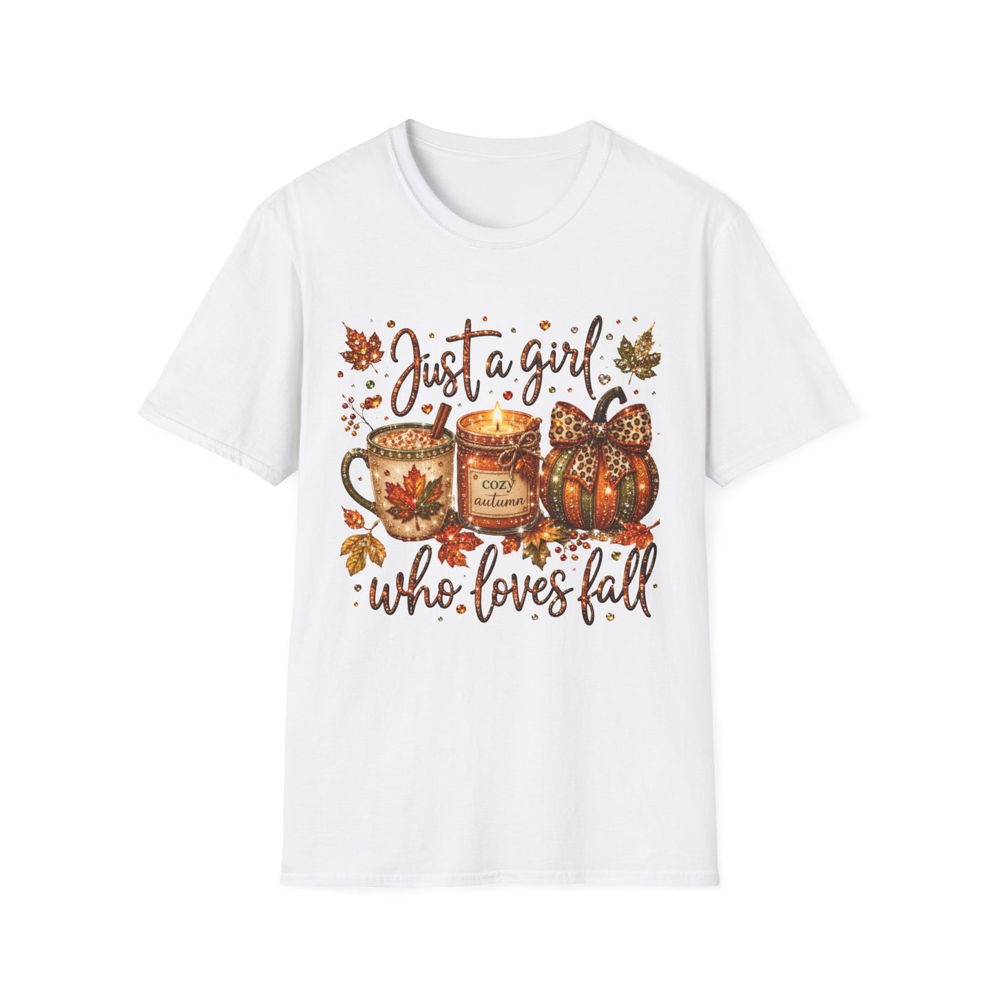 Just a Girl Who Loves Fall T-Shirt — Autumn Pumpkin & Cozy Mug Tee