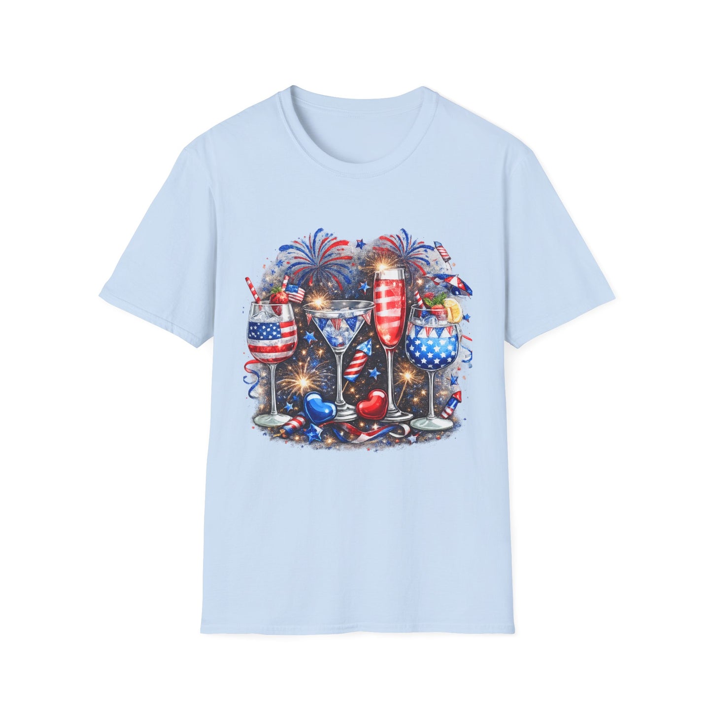 4th of July Wine Glasses T-Shirt — Patriotic Red White Blue Celebration Tee