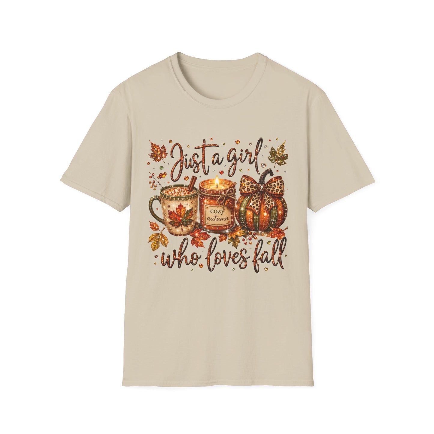 Just a Girl Who Loves Fall T-Shirt — Autumn Pumpkin & Cozy Mug Tee