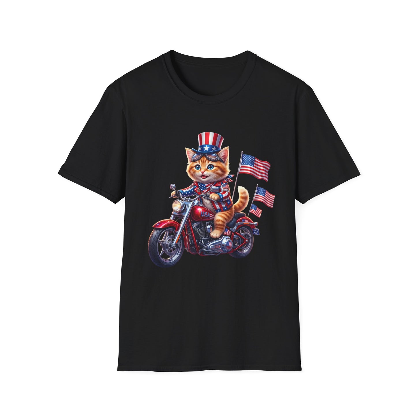 Patriotic Biker Cat T-Shirt — USA Flag Motorcycle Graphic Tee