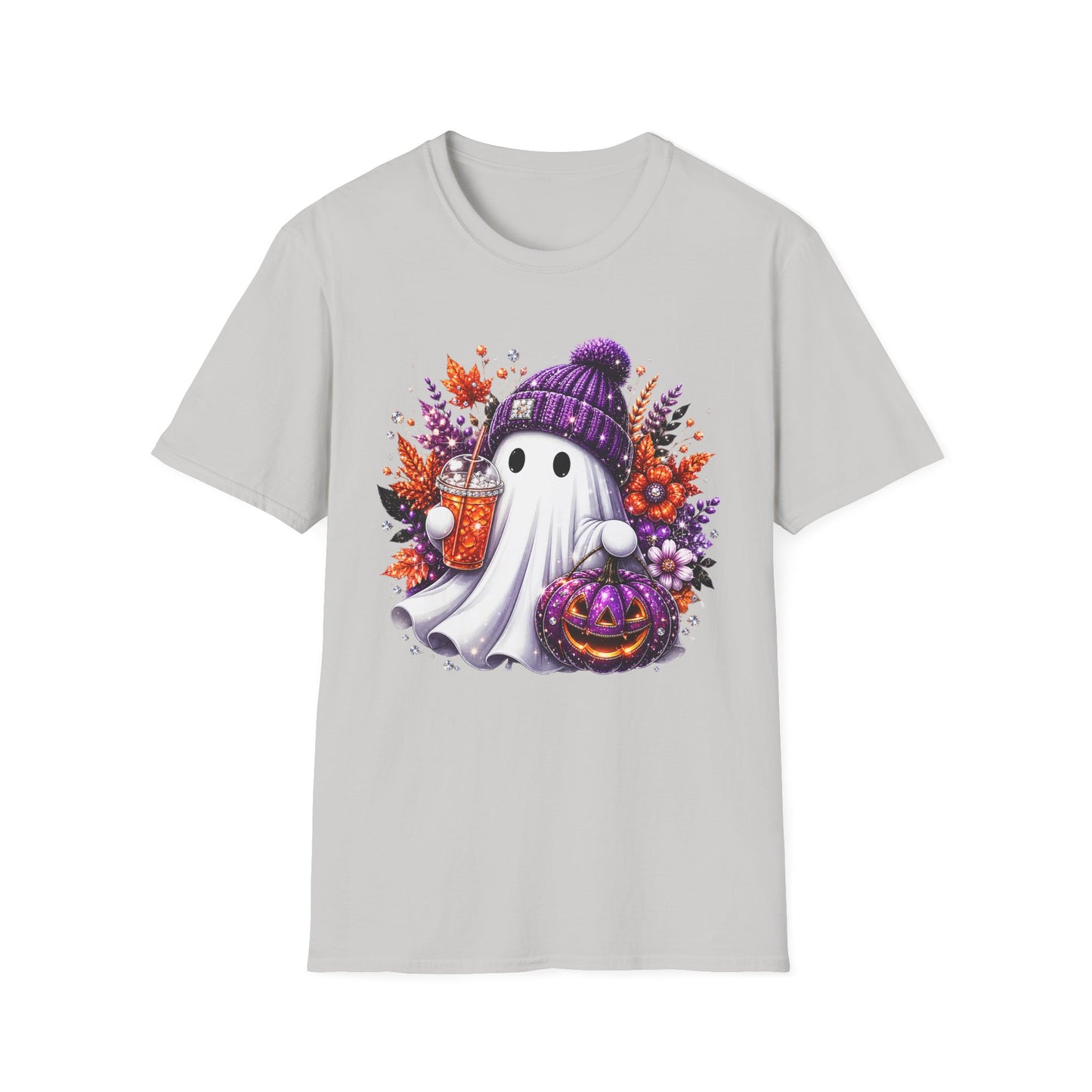 Ghost with Beanie Halloween T-Shirt – Cute Cozy Ghost Holding Pumpkin & Drink