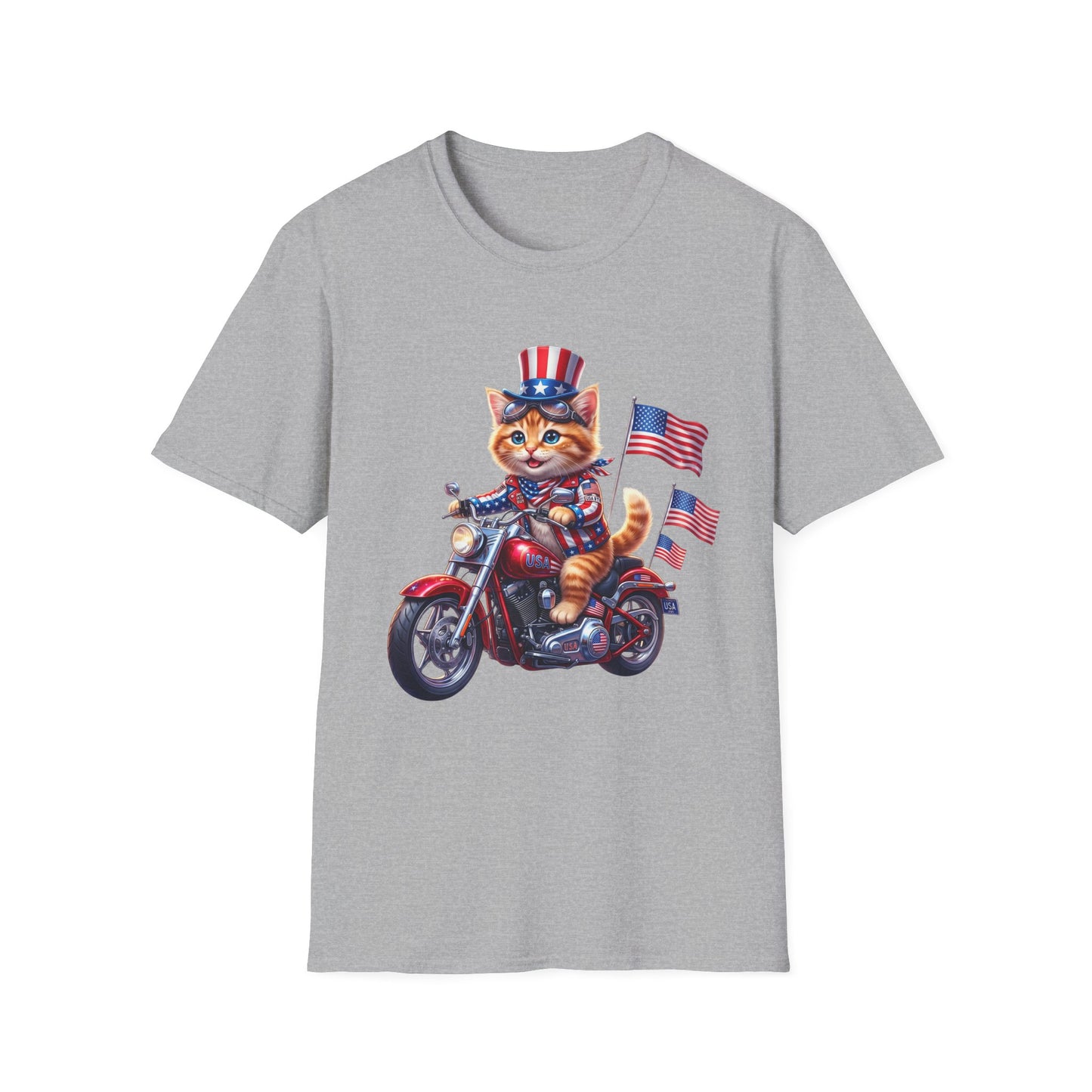 Patriotic Biker Cat T-Shirt — USA Flag Motorcycle Graphic Tee