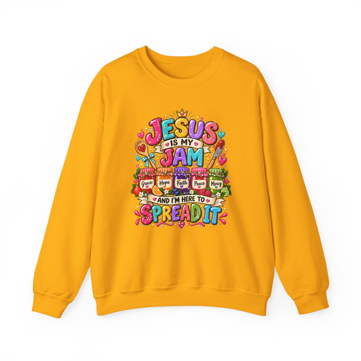 Crewneck Sweatshirt — "Jesus Is My Jam" Colorful Christian Graphic