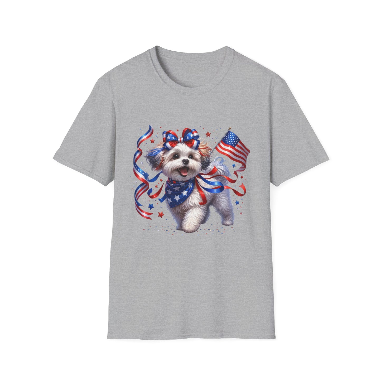 Patriotic Puppy T-Shirt – American Flag Dog with Ribbon Bow (Fourth of July Tee)