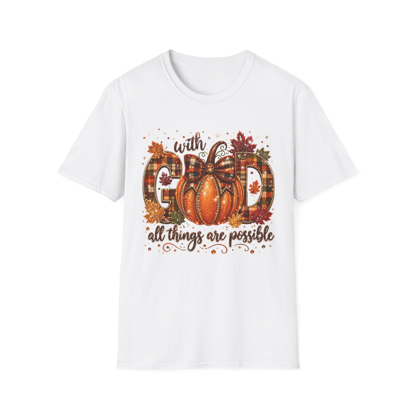 With God All Things Are Possible Pumpkin T‑Shirt — Fall Plaid Pumpkin Faith Tee