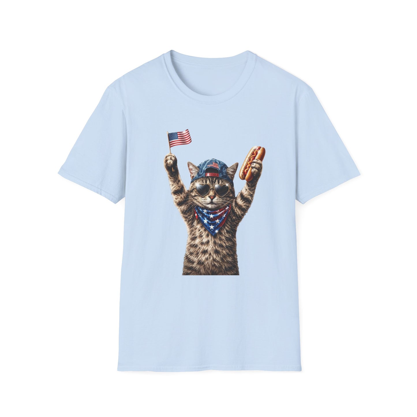 Patriotic Cat T-Shirt — Cat Waving Flag & Hot Dog Graphic