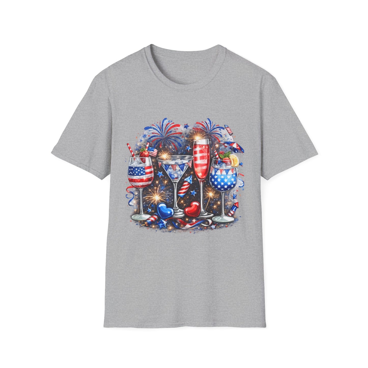 4th of July Wine Glasses T-Shirt — Patriotic Red White Blue Celebration Tee