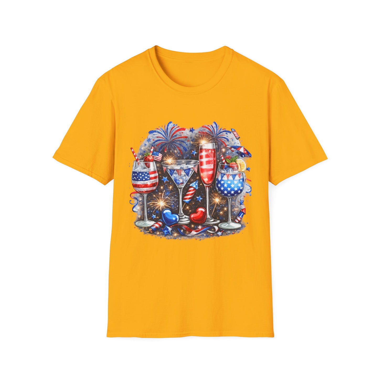 4th of July Wine Glasses T-Shirt — Patriotic Red White Blue Celebration Tee