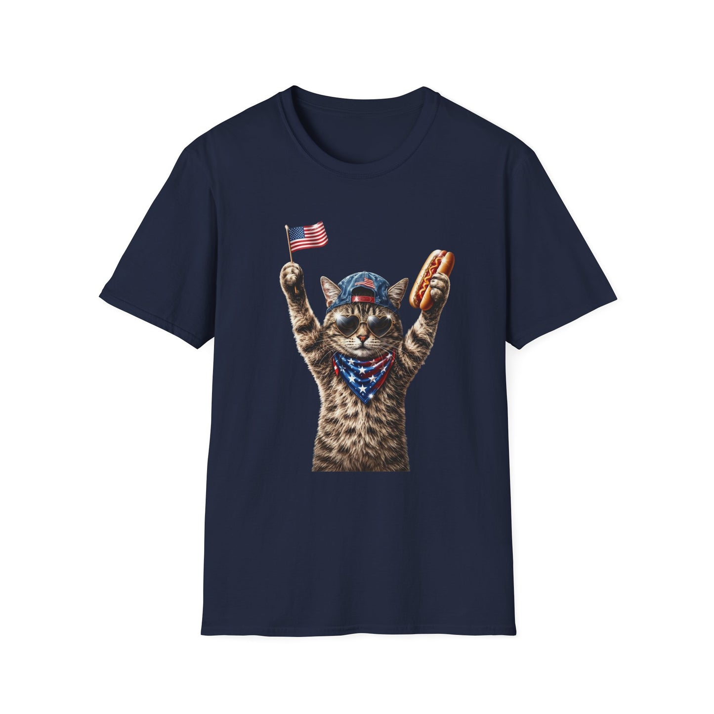 Patriotic Cat T-Shirt — Cat Waving Flag & Hot Dog Graphic