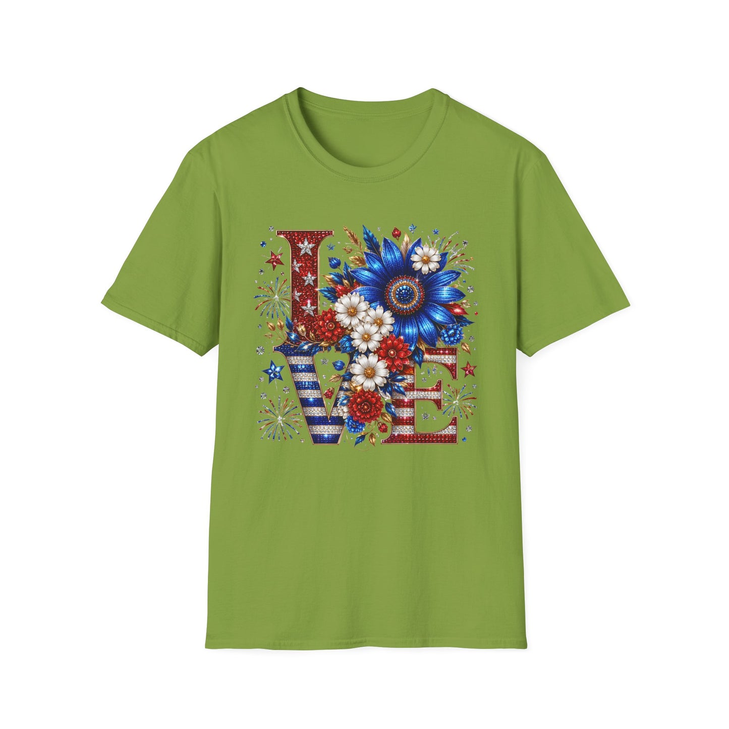 Patriotic 'LOVE' Floral T-Shirt — Red, White & Blue Sunflower Design