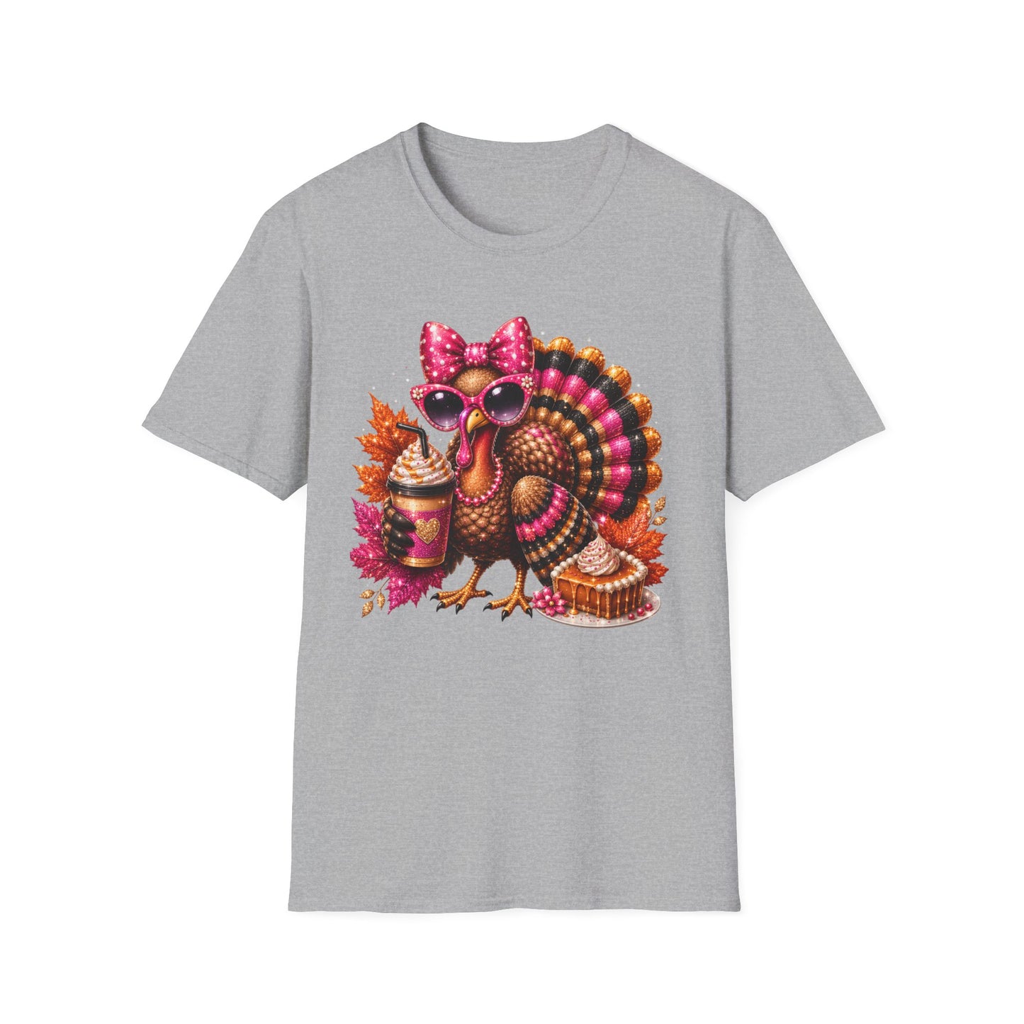 Cute Thanksgiving Turkey T-Shirt — Pink Bow, Sunglasses & Pumpkin Spice Design